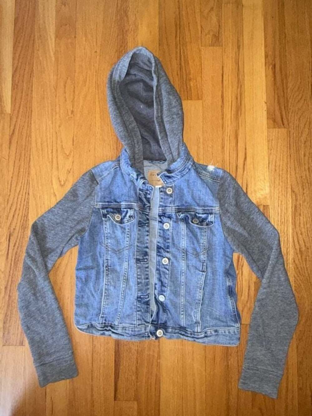 Hollister Womens Distressed Denim Jacket Grey Jersey Hood Sleeves Blue Small Y2K